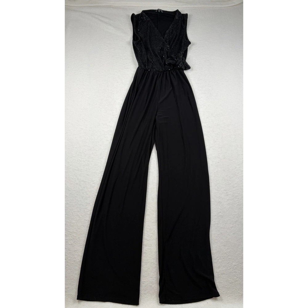 bebe Womens XS Black Sequin Jumpsuit Wide Leg Wrap Tie Waist Y2K Party